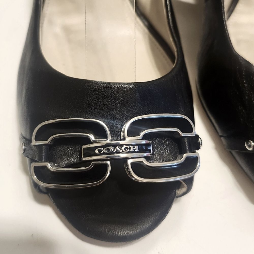 Coach NY "Larchmont" Black Leather Wedge Heel Peep Toe Logo Pumps Sz.9.5 $178 - Picture 4 of 8